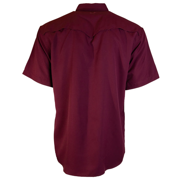 the back of the burgundy, short sleeve, SOL shirt