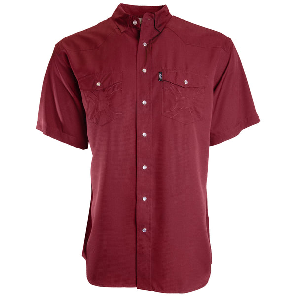 front of men's maroon sol shirt with short sleeves