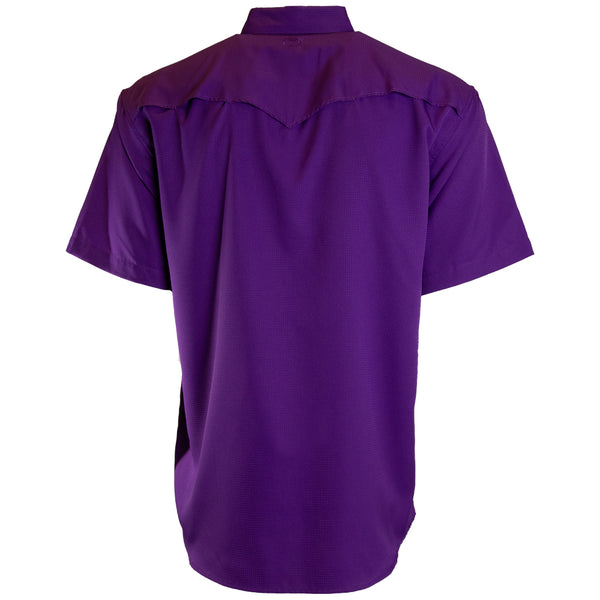 the back of the purple, short sleeve, SOL shirt