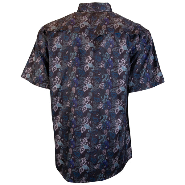 the back of the grey with bandana pattern, short sleeve SOL shirt