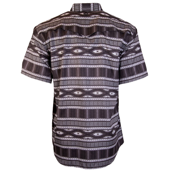 the back of the grey and white with multi pattern, short sleeve, SOL shirt