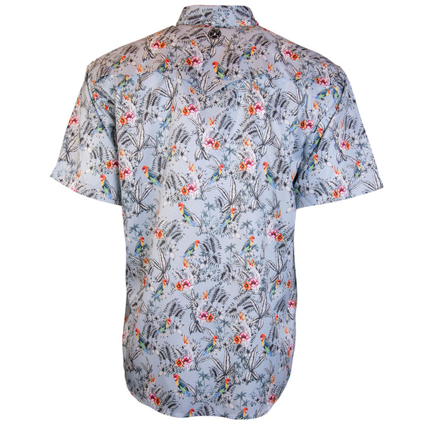 the back of the light blue with Hawaiian print, short sleeve, SOL shirt