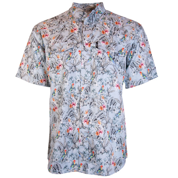 the front of the light blue with Hawaiian print, short sleeve, SOL shirt