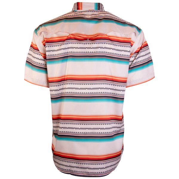 the back of the white with orange and blue stripe pattern, short sleeve SOL shirt.
