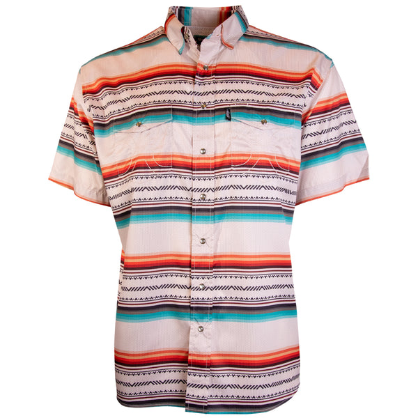 front of men's sol shirt in white with red and blue stripes and black micro pattern, and short sleeves