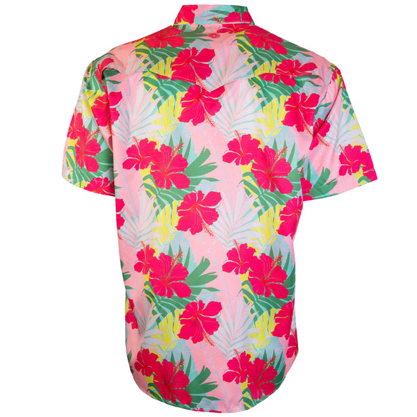 the back of the pink with Hawaiian floral pattern, short sleeve, SOL shirt