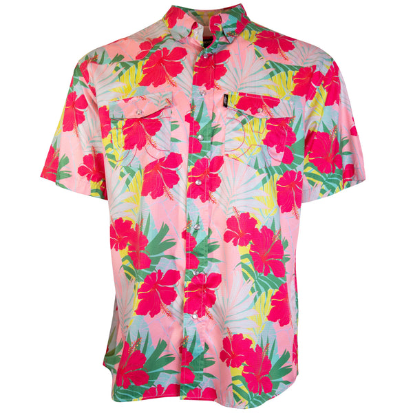 the front of the pink with Hawaiian floral pattern, short sleeve, SOL shirt