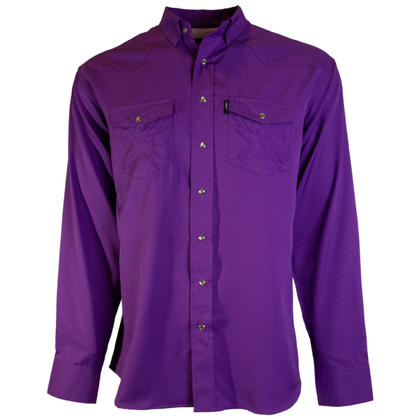 the front of the purple, long sleeve, SOL shirt