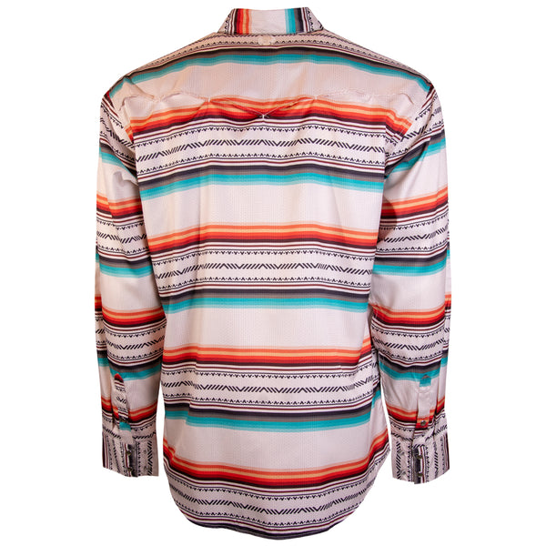 back of men's sol shirt in white with blue and red stripes and black micro pattern