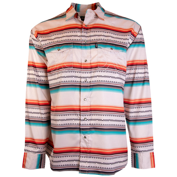 front of men's sol shirt in white with blue and red stripes and black micro pattern
