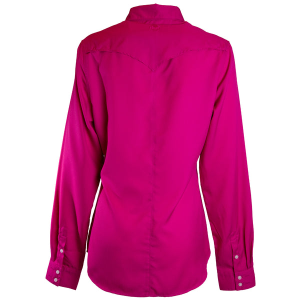 back of women's hot pink sol shirt with long sleeves