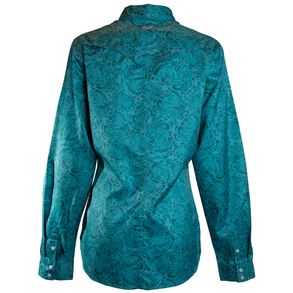 back of turquoise bandana pattern sol shirt with long sleeves