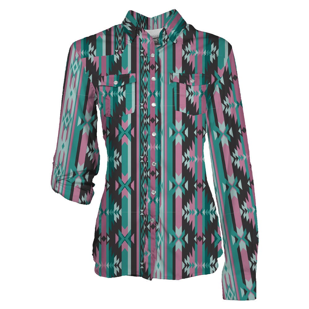 "Sol" Ladies Long Sleeve Pearl Snap Shirt Black/Teal/Pink Aztec