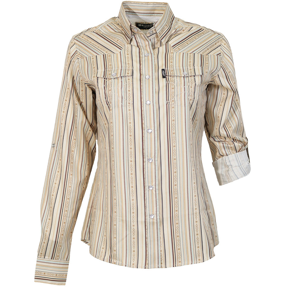"Sol" Ladies Long Sleeve Pearl Snap Shirt Cream/Stripe