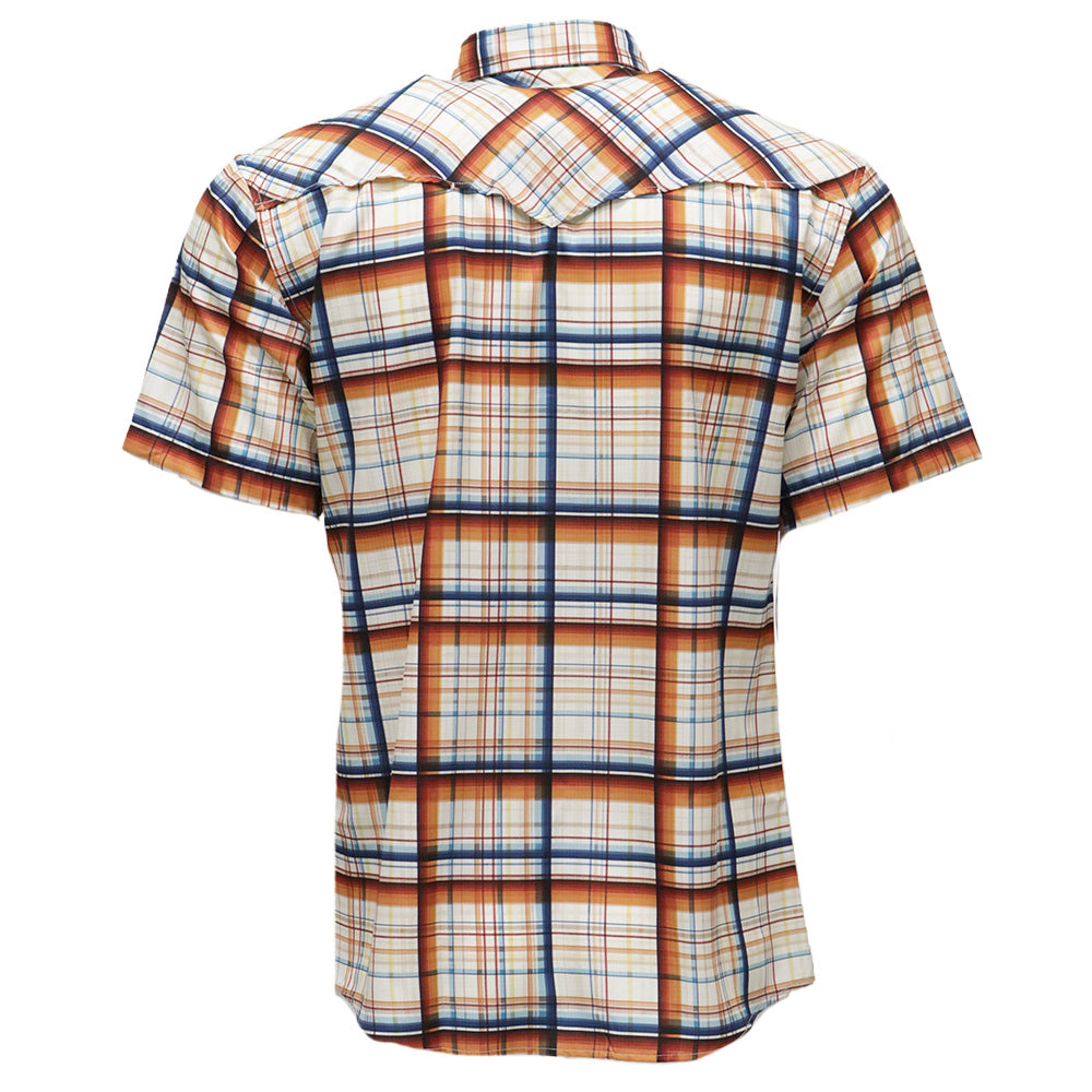 "Sol" Short Sleeve Pearl Snap Shirt Cream w/Plaid Pattern