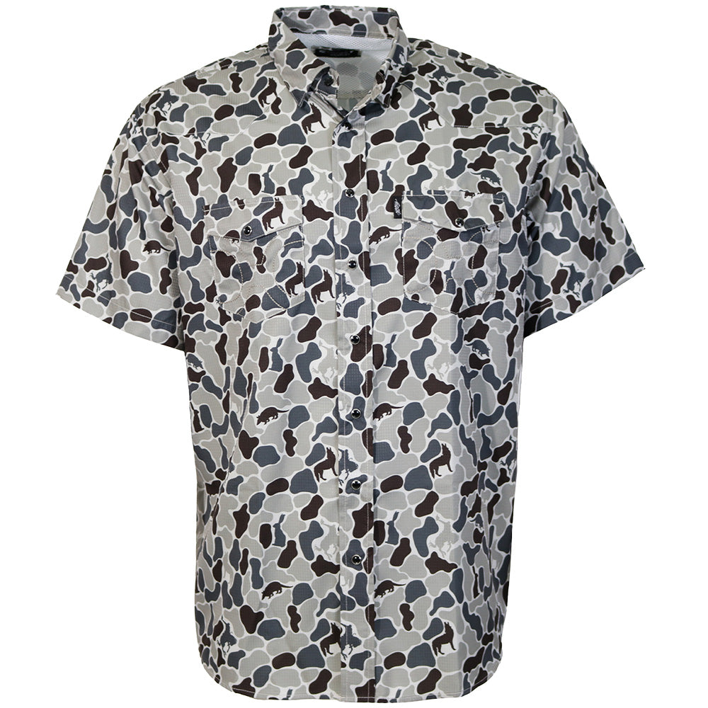 "Sol" Short Sleeve Pearl Snap Shirt Grey Camo
