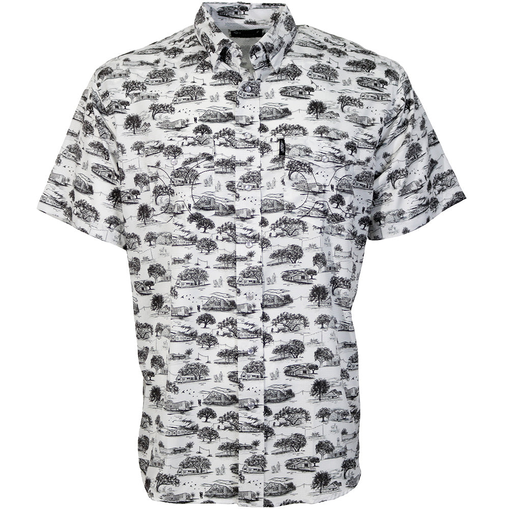 "Sol" Short Sleeve Pearl Snap Shirt White w/ Texas Dance Hall Print