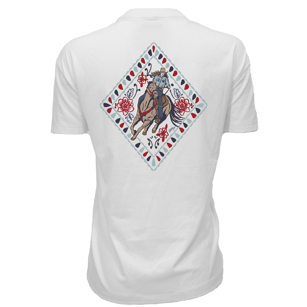 "Derby" T-shirt Cream w/Red & Blue Cowgirl & Horse
