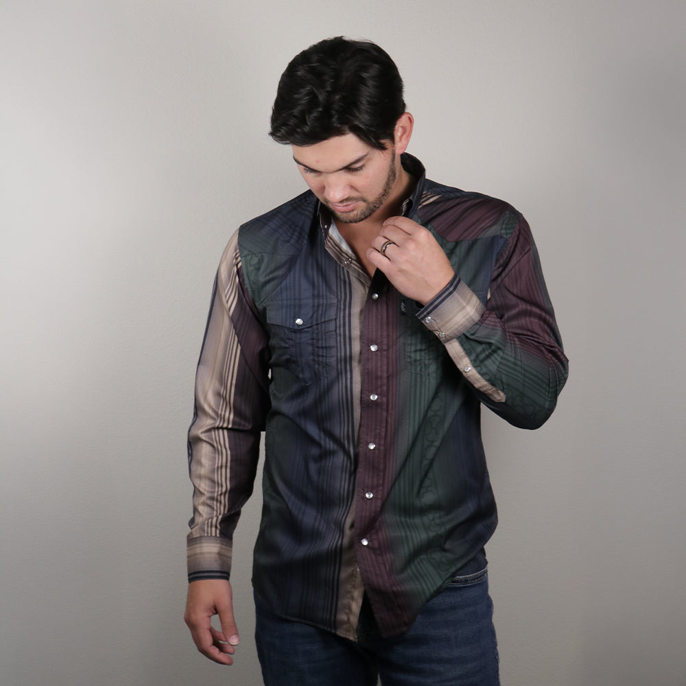 Sol Long Sleeve Pearl Snap Shirt Green & Maroon Striped