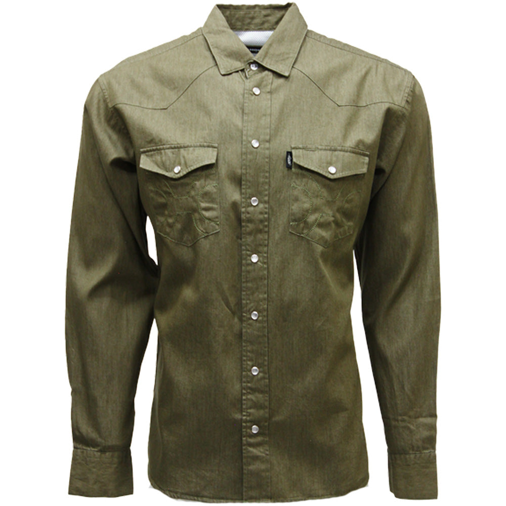 Del Denim Chambray Long Sleeve Pearl Snap Shirt Dark Green