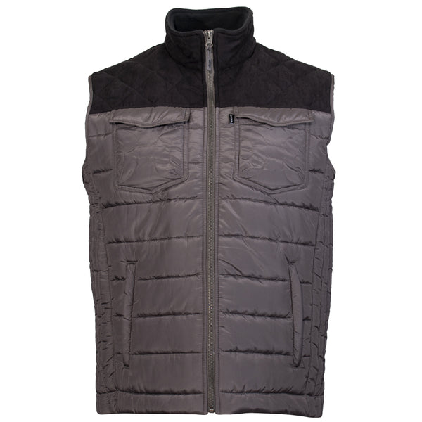 front of grey and black puffer vest