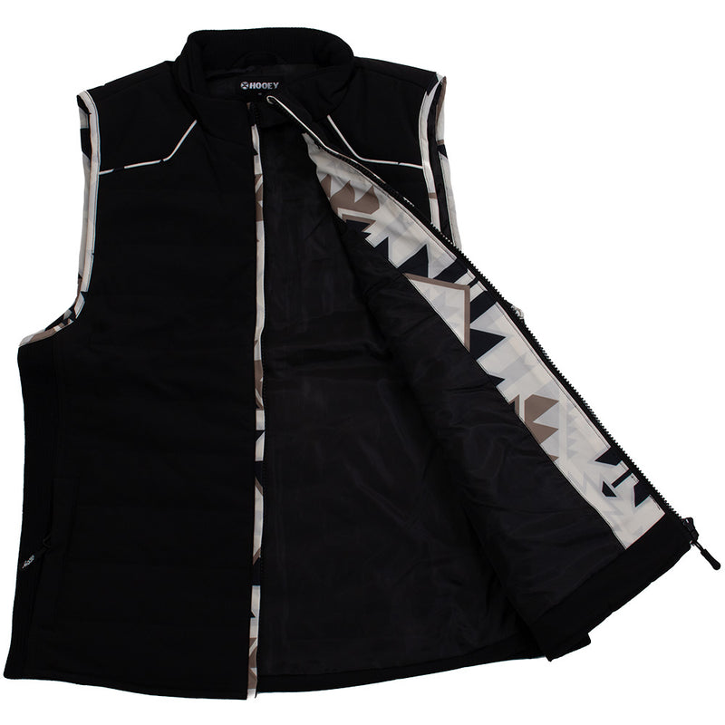 black hooey vest with white, brown, black Aztec pattern lining