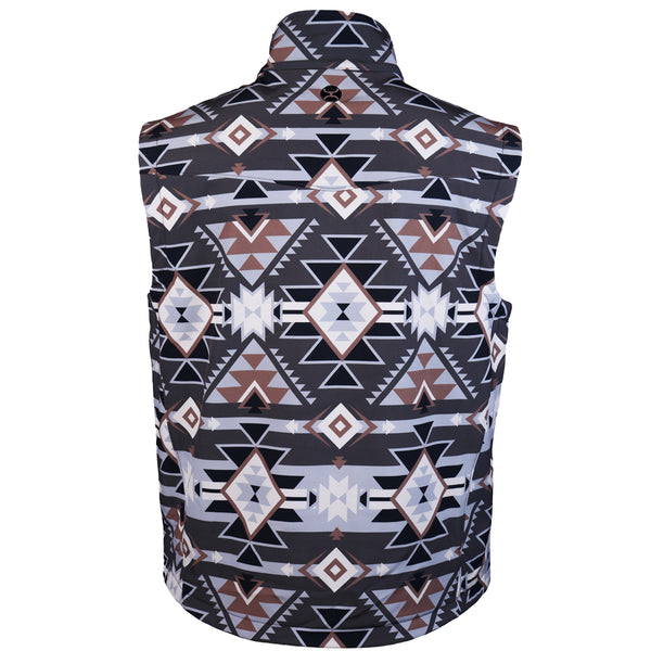 back of black and grey with brown aztec pattern vest