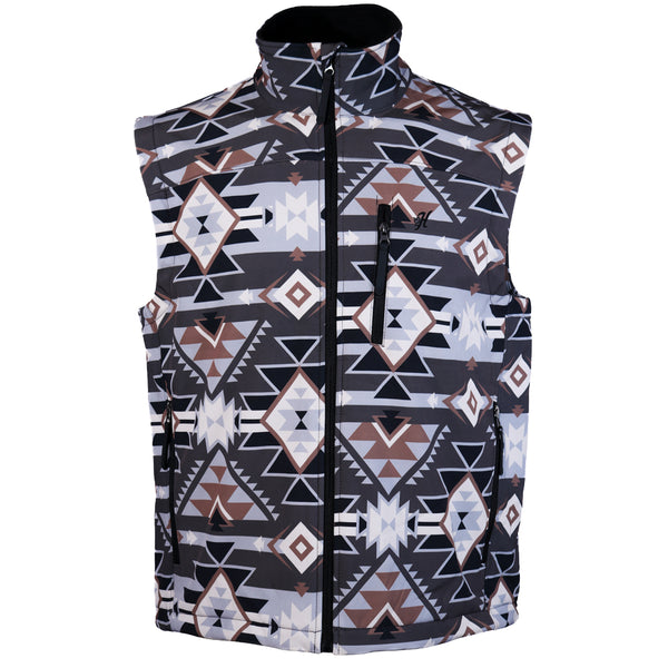 front of black and grey with brown aztec pattern vest