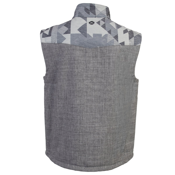 back of heather grey vest with grey and white aztec print on shoulders and collar