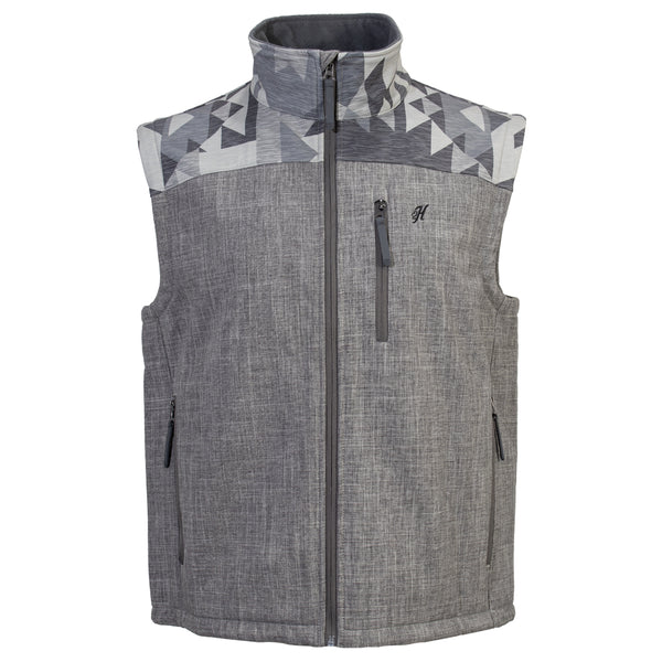heather grey vest with grey and white aztec print on shoulders and collar