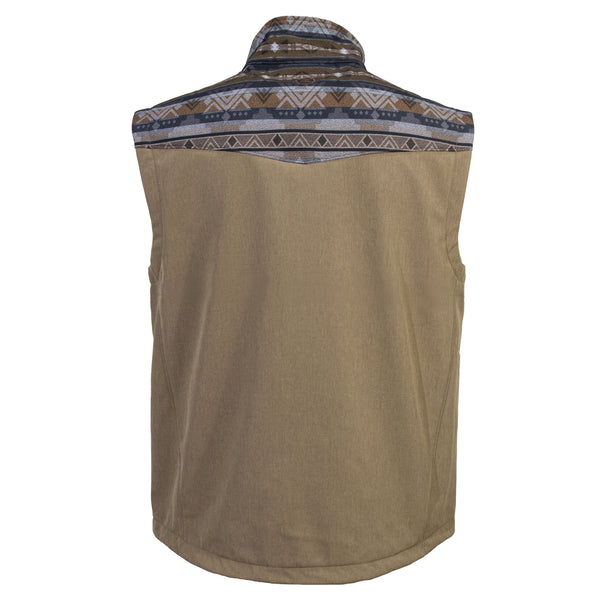 back view of tan vest with grey and brown aztec pattern on shoulders and collar