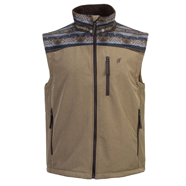 front of tan vest with tan and grey multi pattern on collar