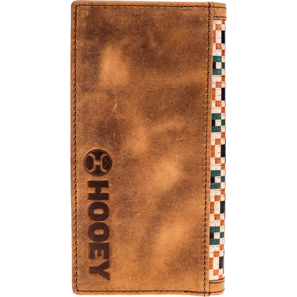 back of aztec pattern wallet in tan leather with Hooey logo stamp