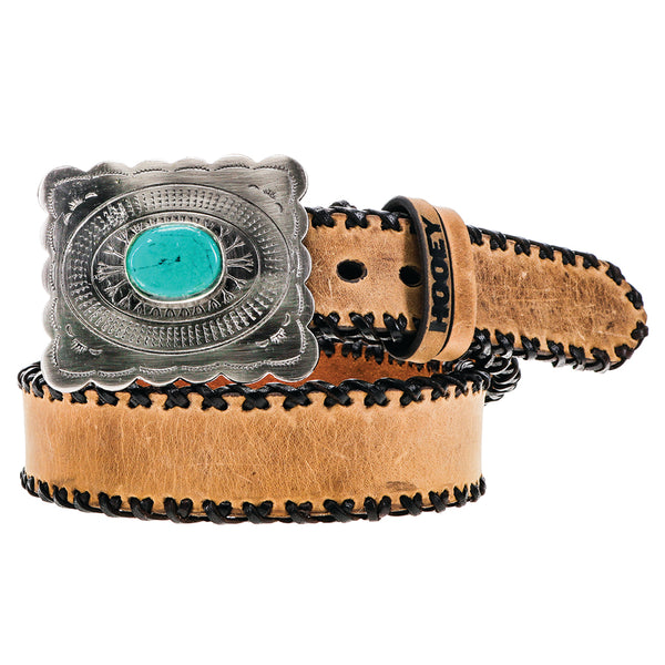 tan leather belt with silver buckle and turquoise stone
