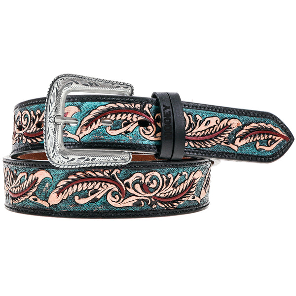 turquoise belt with tan and red feather pattern
