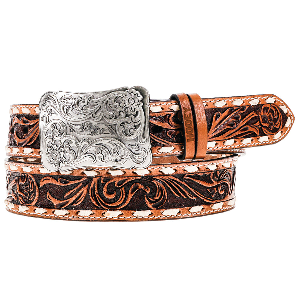 brown and black belt with leather work pattern and silver buckle