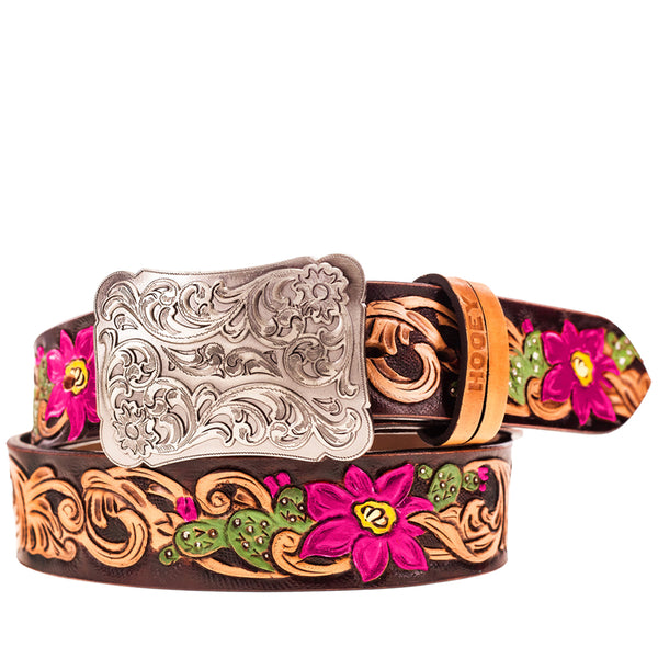 front of tooled leather belt with sage green and purple cactus blossom accents and silver buckle