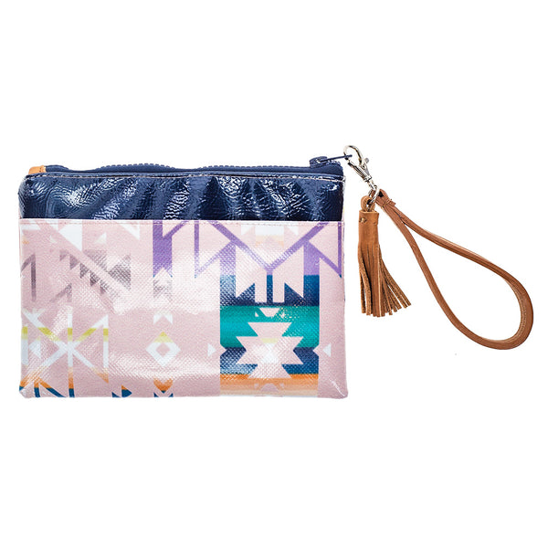 back of pink and blue Aztec pattern wristlet