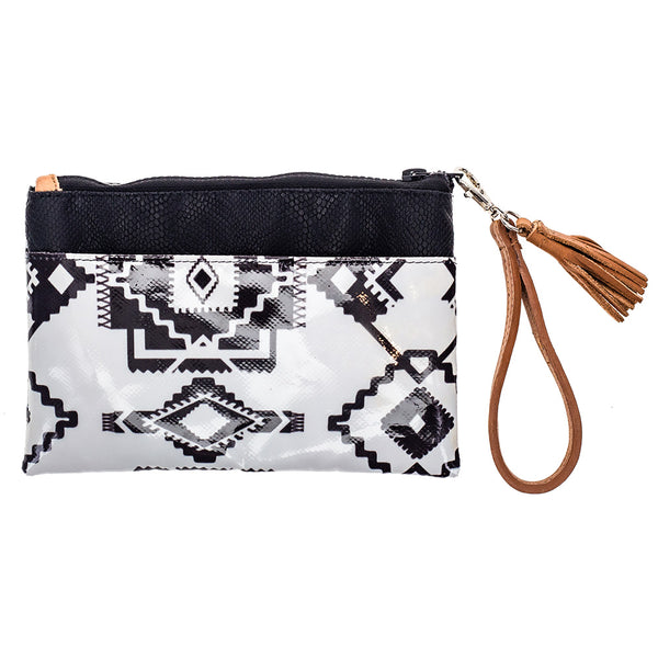 back of black and white Aztec pattern wristlet