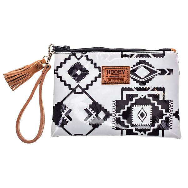 front of black and white aztec pattern wristlet