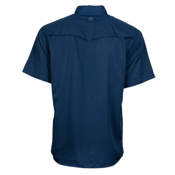 back of men's navy blue sol shirt with short sleeves