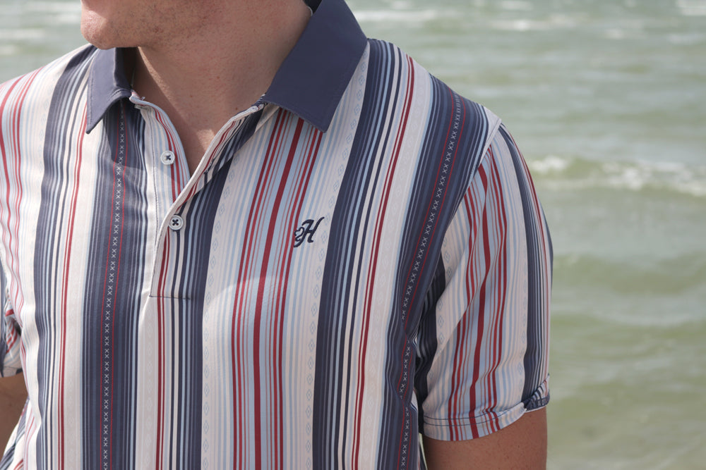 "The Weekender" Polo Grey w/Red & Blue Stripes