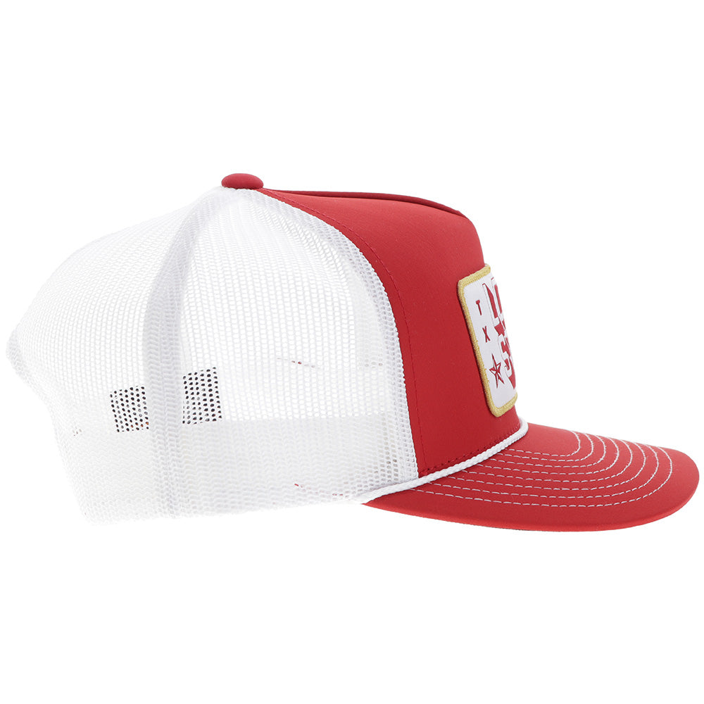 right side of red and white Hooey hat