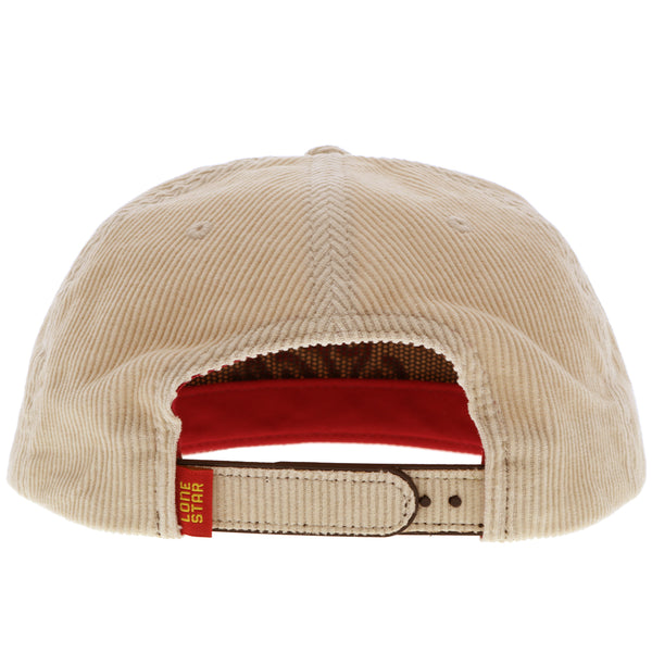 back of the tan corduroy lone star x hooey hat with red and yellow lone star tag