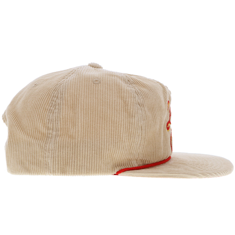 right side of tan corduroy lone star hat with red rope detail