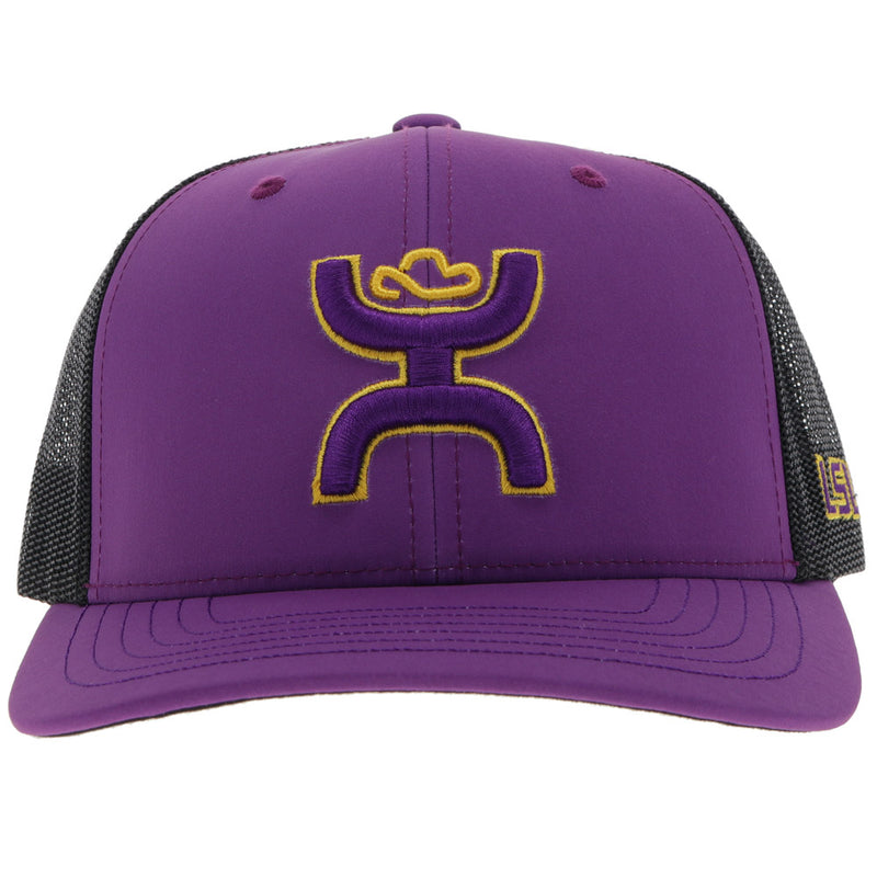 front of LSU x Hooey hat in purple with purple and gold Hooey logo