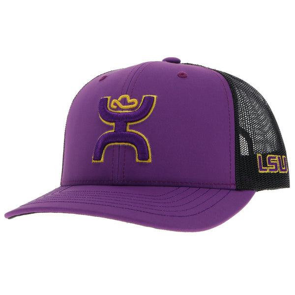 Hooey hat with black mesh, purple front and bill, purple and gold Hooey logo, LSU logo on side