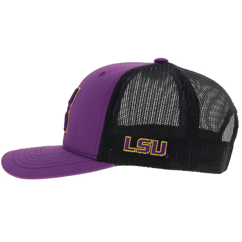 Left side view of LSU x Hooey hat with black mesh, purple front, and LSU logo on side near front of hat