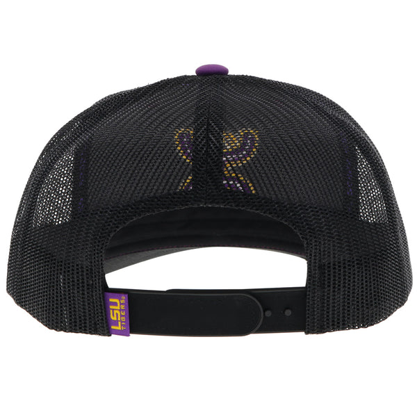 back of LSU x Hooey hat with black mesh, black snap straps, and LSU tag