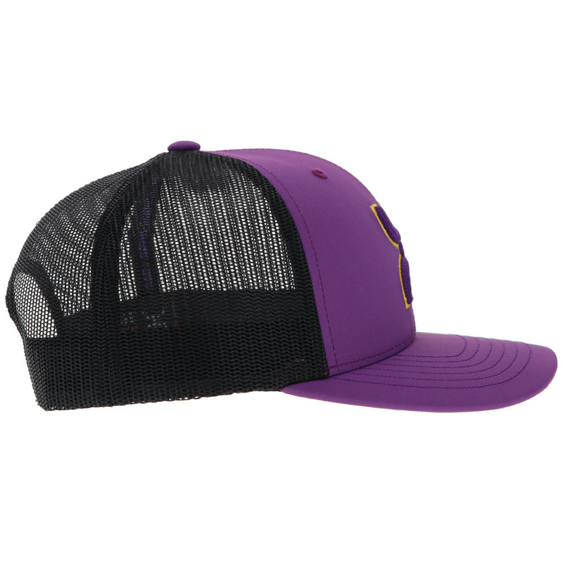 right side view of the Hooey x LSU purple and black hat